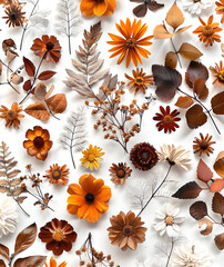 A beautiful composition with autumn leaves and flowers in vibrant orange, brown, and beige tones. Ideal for fallinspired designs and projects, capturing the essence of the seasons beauty