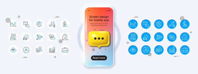 Phone mockup with 3d chat icon. Statistics, Target and Chemical hazard line icons. Pack of Cyber attack, Ranking stars, Portfolio icon. Stress protection, Fake news, Car review pictogram. Vector