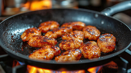 Closeup of chicken breasts being fried in a pan, beautifully browned and garnished with herbs