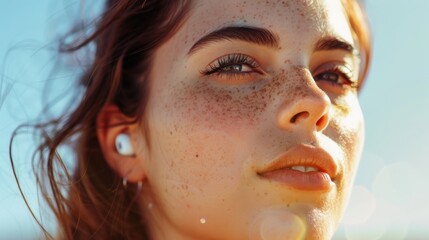 Woman with earphones enjoying music or a podcast outdoors in nature, preparing for fitness activities