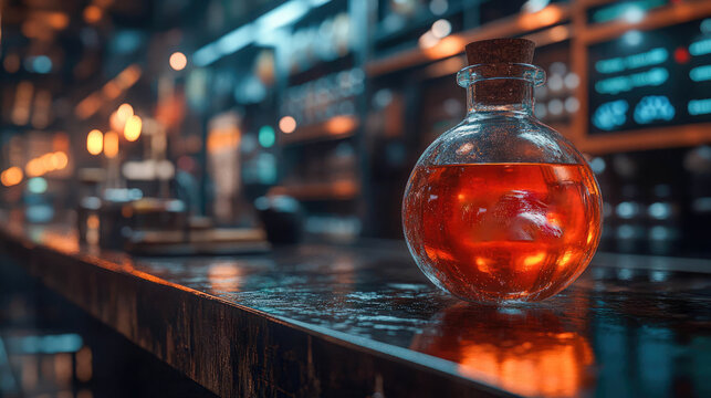 Mysterious glass potion bottle with amber liquid, placed on a bar counter with warm candlelight. Evokes a sense of magic, alchemy, and mystery in a cozy pub setting