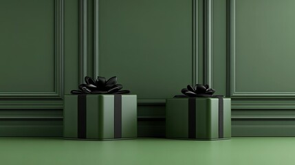 Gifts wrapped in dark green paper adorned with black ribbons are beautifully displayed on the floor of an elegant living room, complemented by a festive Christmas tree in the background