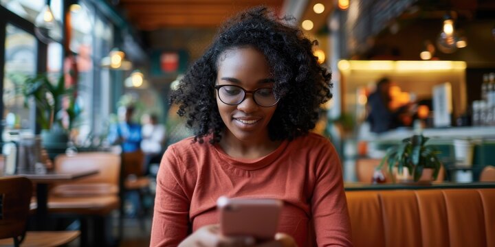 Young female entrepreneur using a smartphone in a café, engaging with social media and planning her remote work schedule on a mobile internet connection