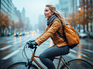 Woman biking through the city on a rainy day, embodying sustainable urban commuting and outdoor lifestyle..