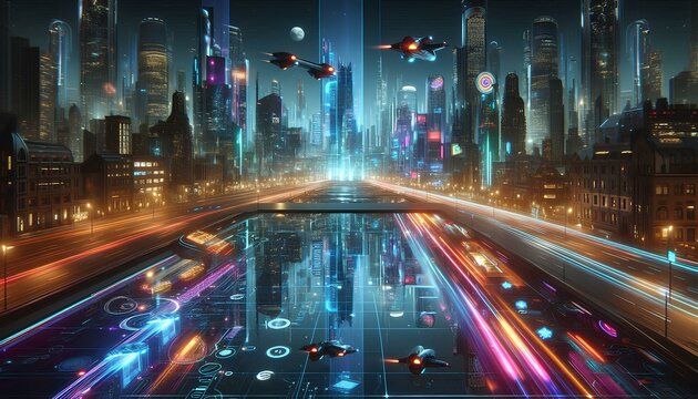 Como isso soa: "Futuristic Horizons: Realistic Tech Wallpaper", Generative Ai