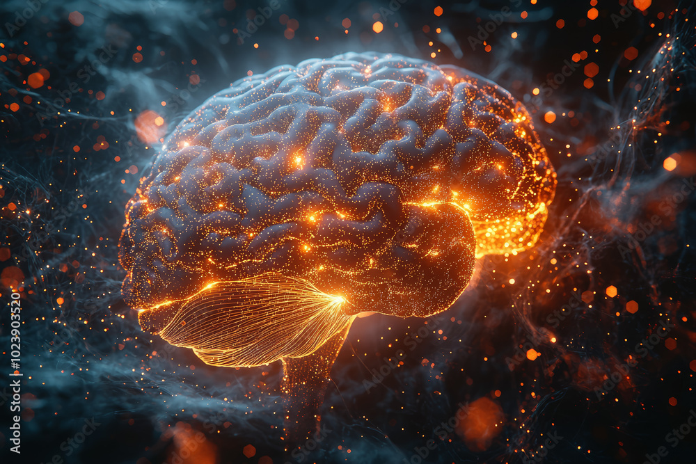 Aufkleber A brain with glowing neural pathways connecting directly into a computer system, illustrating the merging of biological and artificial intelligence. Concept of cognitive enhancement.