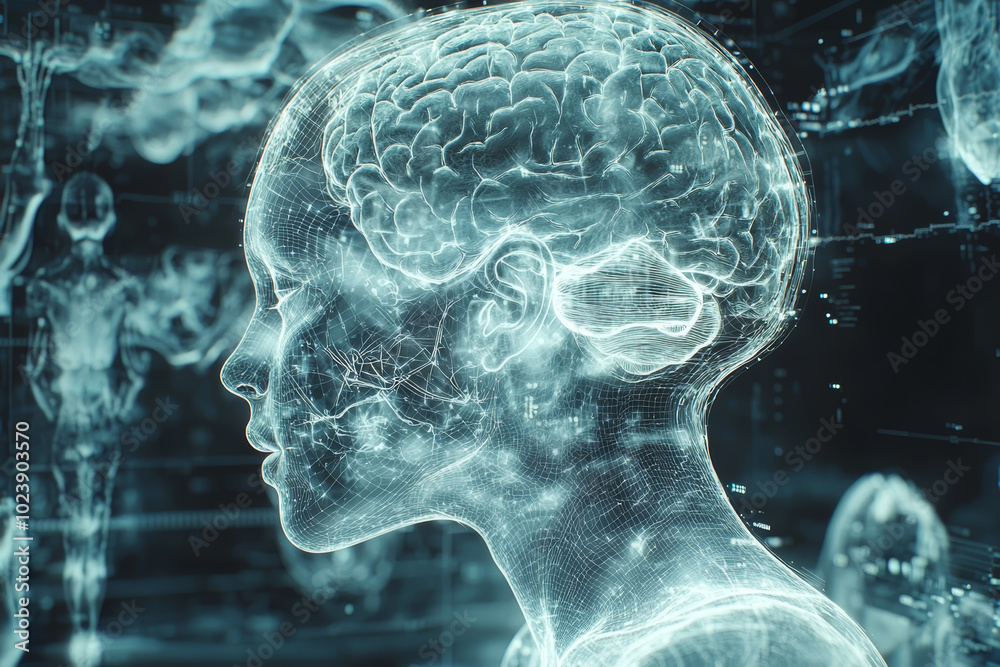 Poster a brain scan image transitioning into a digital matrix, representing the fusion of human thought and
