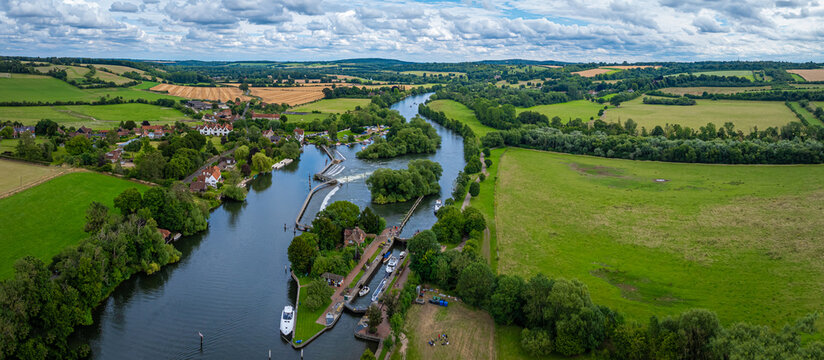 Aerial view of Hambleden Lock near Mill End on the river Thames