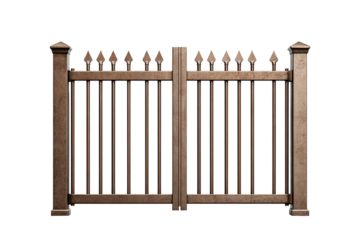 Decorative wooden gate with vertical slats and pointed finials, white isolate background. transparent background