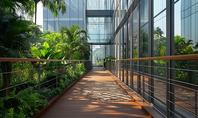 A modern building with reflective patterned glass windows and a fenced walkway featuring plants and geometric designs on the wooden path below in an urban setting