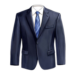 Formal navy blue suit with a white shirt and blue tie, isolated on white background transparent background