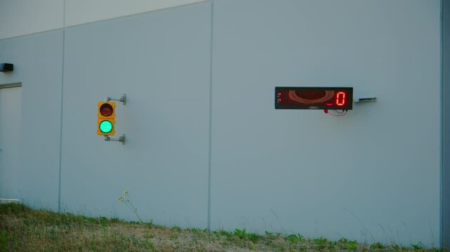 Element of e weighing station on road. Industrial equipment for measuring weight.