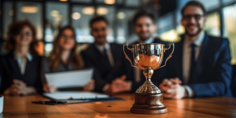 Image showcasing recognition and collaboration among professionals in an office setting, highlighting achievement and appreciation for teamwork and contributions