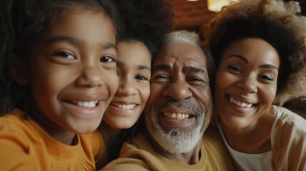 Fototapeta premium Joyful family portrait captured at home, featuring multiple generations smiling together for a cherished memory shared on social media