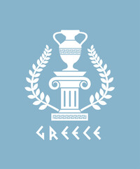 Naklejka premium ancient greek symbol with column, amphora and laurel isolated on blue background