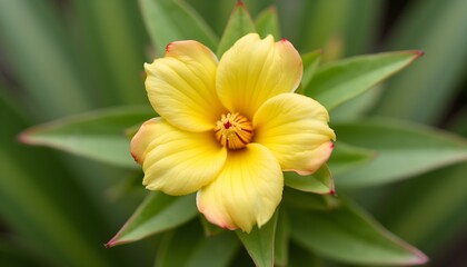 Fototapeta premium Vibrant yellow flower with delicate petals in macro detail against blurred green background