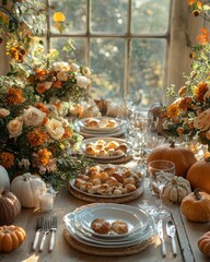 Fototapeta premium Family celebrating Thanksgiving with a cozy dinner table surrounded by fall decor