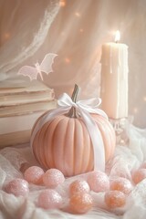 Pastel Pink Halloween Invitation with Pumpkins and Floral Accents