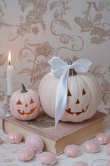 Pastel Pink Halloween Invitation with Pumpkins and Floral Accents