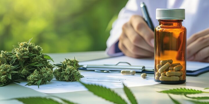 medical cannabis in an open bottle and capsule on a table, with marijuana leaves and buds nearby, Doctor writing on prescription
