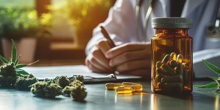 medical cannabis in an open bottle and capsule on a table, with marijuana leaves and buds nearby, Doctor writing on prescription