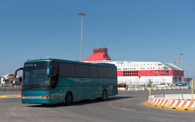 Keraklion Crete Greece. 24.04. 2024.  Tourbus exiting the port of Heraklion in Crete.