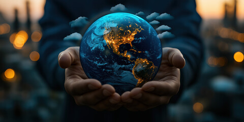 A Earth Diagram Float Just Above His Hands, With A Light Glow Outlining The Earth, And Light Clouds Above The Earth As A Symbol Of Climate Change