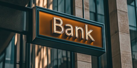 modern bank exterior, sign "Bank", 