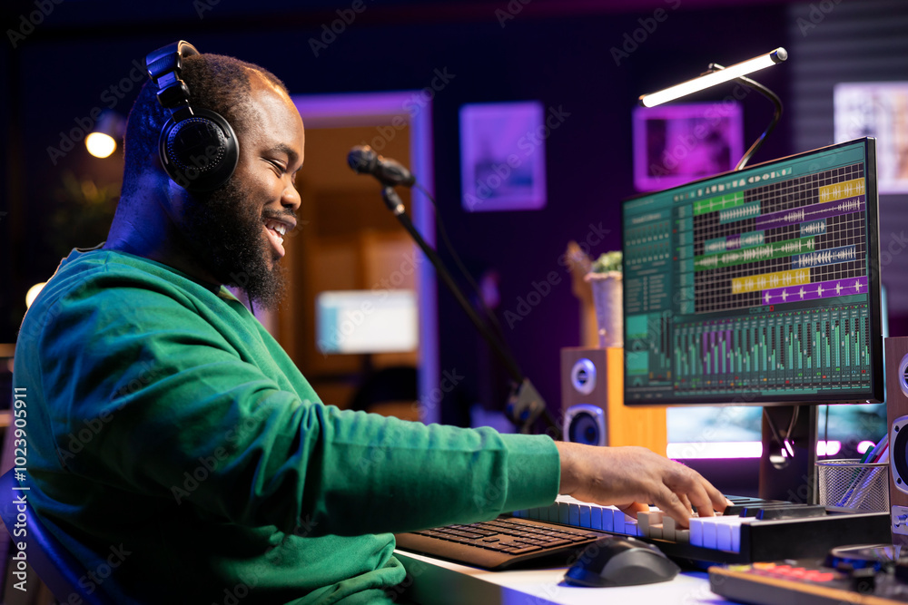 Poster musician playing electronic piano synthesizer keys and recording audio files to use mix and master t