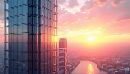 Skyscraper backdrop reflecting the sunset. A modern, luxurious skyscraper with a 3D abstract architecture design that combines steel and glass. viewpoint of the terrain. sustainable architect with hig