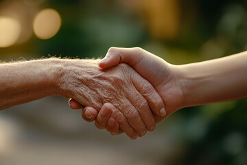 Elderly and young hands in a handshake gesture outdoors with blurred background.