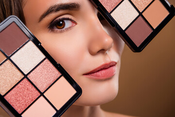 Cropped photo of adorable stunning lady rising eye shadows palettes isolated beige color background