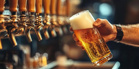 hand of the bartender pouring a large lager beer on tap