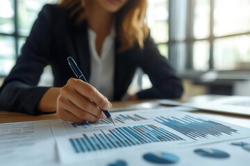 Woman researching financial trends using digital tools, business data insights, professional office