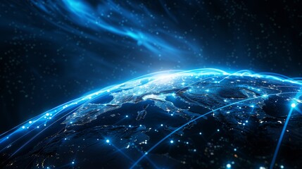 Obraz premium 3D Earth with data lines illustrating global communication technology and blockchain