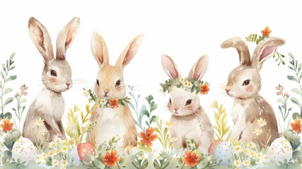 Obraz premium Adorable bunnies with floral wreaths and decorated eggs, vector illustration on white