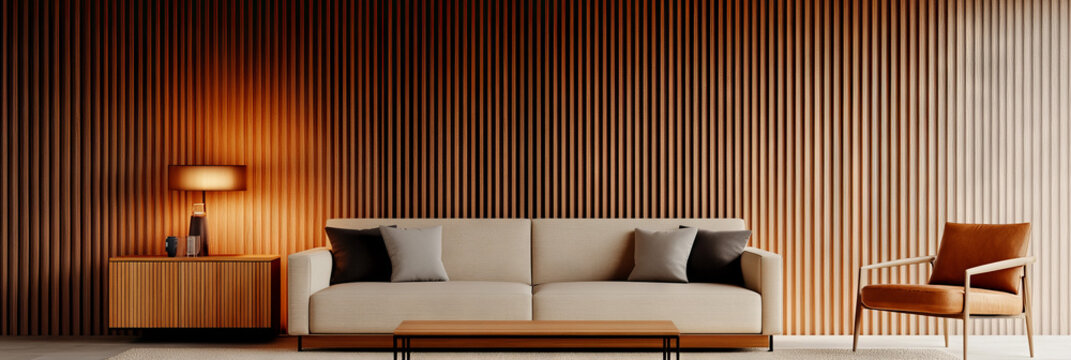 A modern living room with a white couch and a wooden accent wall.