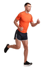 Man in sportswear running on white background