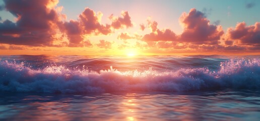 Fototapeta premium Scenic sunset over the ocean with breaking waves and a vibrant sky.