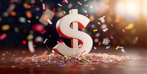 Golden 3D dollar symbol floating among banknotes and colorful confetti in bright studio lighting, evoking prosperity and abundance, perfect for commercial business visuals