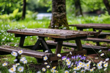 Fototapeta premium A wooden picnic table sits in a lush green park surrounded by a field of white daisies.