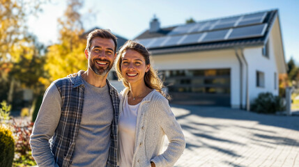happy couple in front of large house with solar panels installed, in europe