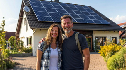 happy couple in front of large house with solar panels installed, in europe