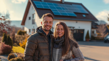 happy couple in front of large house with solar panels installed, in europe