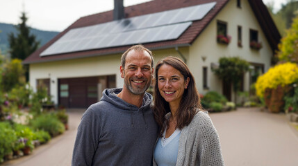 happy couple in front of large house with solar panels installed, in europe