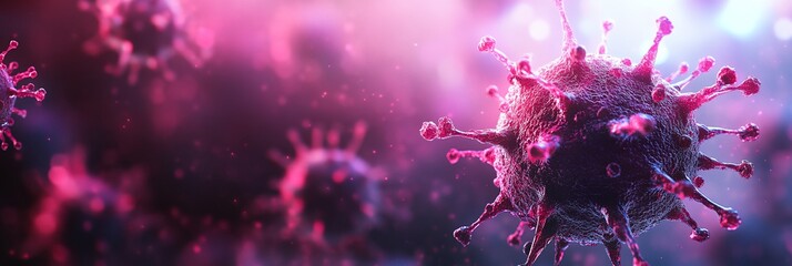 A close up of a virus with pink and purple colors