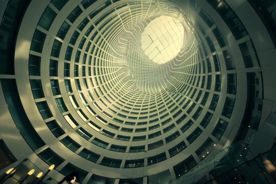 A view from inside a modern building looking up at the circular pattern of windows and the skylight above.