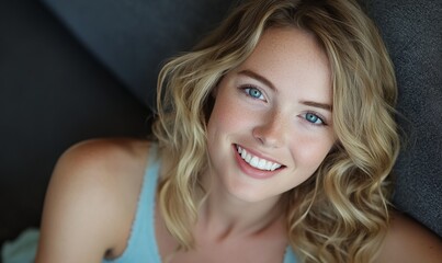 Fototapeta premium A woman with blonde hair and blue eyes is smiling