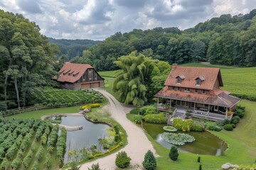 Fototapeta premium A picturesque country home with a sprawling lawn and a vineyard, showcasing the beauty of rural living.