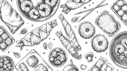 Fototapeta premium Seamless pattern with rough sketches of Thai appetizers like shrimp cakes, crispy pork belly, and fried spring rolls. Vector isolated on white background for menus